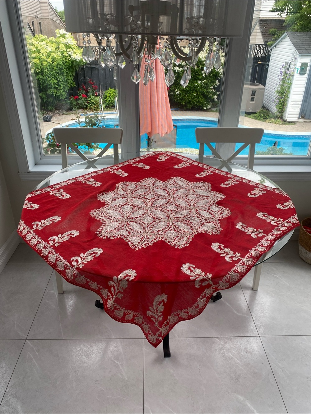 DAMASK Small Red & Creme/gold Embroidered Floral Tableclothv frm Damascus Syria